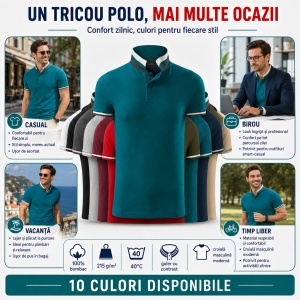 Tricou Polo Bărbați 256 Collar Up, 100% Bumbac, 215 g/m², Guler cu Contrast, 2 Nasturi, S–3XL, 10 Culori - Img 10