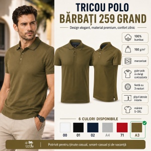 Tricou Polo Bărbați 259 Grand, 100% Bumbac Mercerizat, Guler Polo cu 3 Nasturi, S–3XL, 6 Culori - Img 6