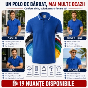 Tricou Polo Bărbați Malfini cu Dungi la Guler și Manșete, Tip Tommy, 65% Bumbac, 200 g/m², 19 Culori, Mărimi S–3XL - Img 6
