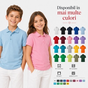 Tricou polo copii, fete și băieți, 65% bumbac, 200 g/m², mărimi 4–12 ani