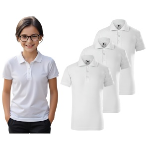 Tricou Polo Copii Alb imbracat de o fata simpatica prezinta setul de 3 tricouri polo albe