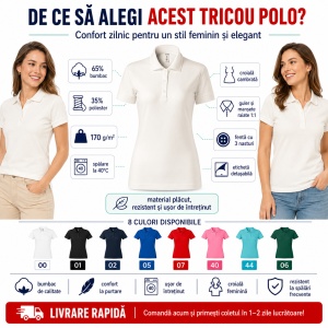 Tricou Polo Damă Joy P22 – 65% Bumbac, 170 g/m², Croială Cambrată, Etichetă Detașabilă - Img 2