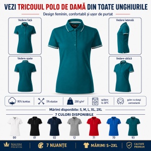 Tricou Polo Damă Premium Malfini 253 Perfection Plain, 95% Bumbac 5% Elastan, Croială Slim Fit, 200 g/m², S 2XL, 7 Culori - Img 5