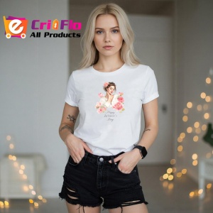 Tricou Portret Eleganta Femeie Flori Roz, din bumbac 100% , tricou alb pentru Dama - Img 2