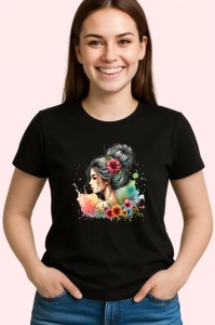 Tricou Profile girl watercolor flower blend, fata in profil cu flori acuarela, Copii | Dama | Barbat , tricou negru