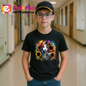 Tricou Rainbow hair girl skull tattoo, fata cu par curcubeu si tatuaj craniu, Copii | Dama | Barbat , tricou negru - Img 6