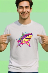 Tricou Rechin curcubeu fundal alb efecte de vopsea Copii | Dama | Barbat - Img 2