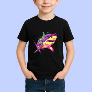 Tricou Rechin curcubeu fundal alb efecte de vopsea Copii | Dama | Barbat, culoare negru - Img 4