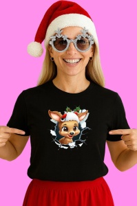 Tricou Ren Cu Frunze Si Fundal Crapat Craciun, din bumbac 100% Copii | Dama | Barbat - Img 3