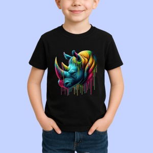 Tricou Rinocer realist in culori vibrante fundal alb Copii | Dama | Barbat, culoare negru - Img 4