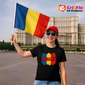 Tricou Romania tricolor cu text rosu Negru |Colectia Tricouri Romania