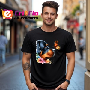 Tricou Rottweiler calm cu fluture portocaliu si flori colorate contrast vibrant Copii | Dama | Barbat Barbat - Img 17