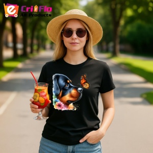 Tricou Rottweiler calm cu fluture portocaliu si flori colorate contrast vibrant Copii | Dama | Barbat Barbat - Img 22