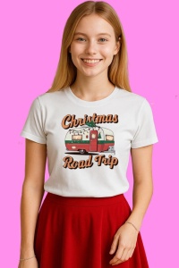 Tricou Rulota Decorata Christmas Road Trip, din bumbac 100%, tricou alb, Copii | Dama | Barbat