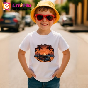 Tricou Rulota portocalie pe plaja cu palmieri si apus 2 Copii | Dama | Barbat - Img 10