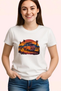 Tricou Rulota portocalie pe plaja cu palmieri si apus Copii | Dama | Barbat - Img 3