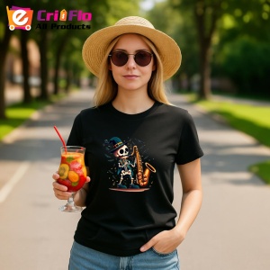 Tricou Schelet cu saxofon si costum elegant fundal alb Copii | Dama | Barbat, culoare negru - Img 8