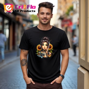 Tricou Side bun girl sunflower earrings, fata coc lateral cu cercei floarea soarelui, Copii | Dama | Barbat , tricou negru - Img 10
