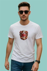 Tricou Sigla Fotbal Ac Milan Flacari Stilizate, din bumbac 100% , tricou alb pentru Copii | Dama | Barbat
