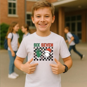 Tricou SIX SEVEN 67 Logo Verde Craciun, din bumbac 100%, tricou alb, Copii | Dama | Barbat - Img 2