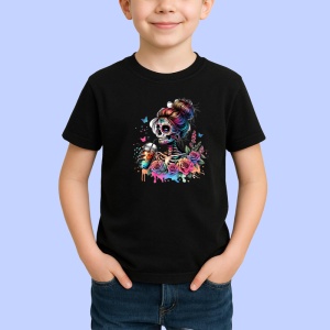 Tricou Skeleton makeup flowers tattoos, fata cu machiaj schelet si flori tatuate, Copii | Dama | Barbat , tricou negru - Img 2