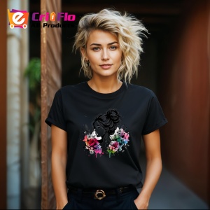 Tricou Sketch woman black hair floral accent, femeie schitata par negru si accent floral, Copii | Dama | Barbat , tricou negru - Img 8