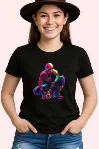 Tricou Spiderman desen colorat pozitie ghemuit fundal alb Copii | Dama | Barbat, culoare negru - Img 3