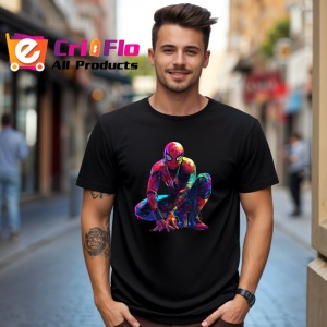 Tricou Spiderman desen colorat pozitie ghemuit fundal alb Copii | Dama | Barbat, culoare negru - Img 6
