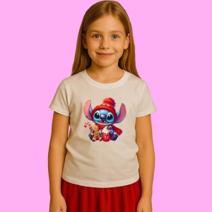 Tricou Stitch Christmas Chibi Cu Cana Rosie, din bumbac 100%, tricou alb, Copii | Dama | Barbat - Img 2
