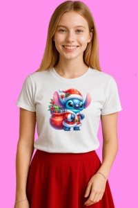 Tricou Stitch Cu Sac De Cadouri Rosu, din bumbac 100%, tricou alb, Copii | Dama | Barbat - Img 1
