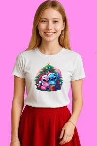 Tricou Stitch Si Angel Langa Brad Cu Cadouri, din bumbac 100%, tricou alb, Copii | Dama | Barbat
