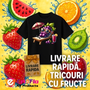 Tricou Strugure amuzant de vara pe sezlong, Fructe, Copii | Dama, culoare negru - Img 12