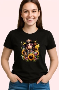 Tricou Sunflower bouquet girl hat, fata cu palarie si buchet de floarea soarelui, Copii | Dama | Barbat , tricou negru