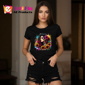 Tricou Sunflower cascade tattoo girl, fata cu cascada de floarea soarelui si tatuaje, Copii | Dama | Barbat , tricou negru