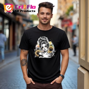 Tricou Sunflower shoulder girl sketch style, fata cu floarea soarelui pe umar stil schita, Copii | Dama | Barbat , tricou negru - Img 10
