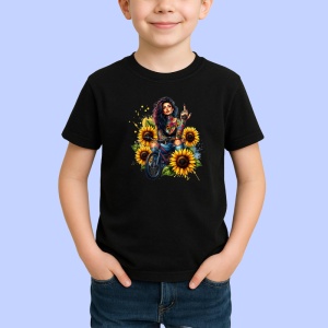 Tricou Sunflower unicycle rebel girl, fata rebela cu monociclu si floarea soarelui, Copii | Dama | Barbat , tricou negru - Img 2