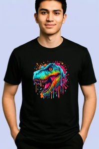 Tricou T rex cu dinti ascutiti si efecte de culoare Copii | Dama | Barbat, culoare negru - Img 2