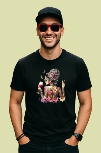 Tricou Tattooed girl back peace wine, fata tatuata cu spatele si semnul pacii cu pahar de vin, Copii | Dama | Barbat , tricou negru - Img 3