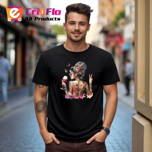 Tricou Tattooed girl back peace wine, fata tatuata cu spatele si semnul pacii cu pahar de vin, Copii | Dama | Barbat , tricou negru - Img 10