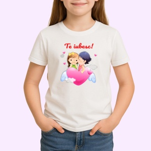 Tricou Te Iubesc Cuplu Copii Pe Nori Inima Roz, din bumbac 100% , tricou alb pentru Copii | Dama | Barbat - Img 2