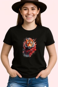 Tricou Tigru pop art cu fundal negru si flacari rosii Copii | Dama | Barbat, culoare negru - Img 3