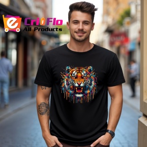 Tricou Tigru realist cu vopsea si stropi fundal alb Copii | Dama | Barbat, culoare negru - Img 6