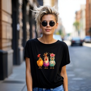 Tricou Trei gaini colorate Negru, Copii | Dama | Barbat - Img 14