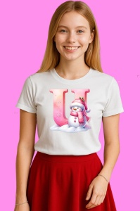 Tricou U Litera Craciun Roz Cu Om De Zapada Fulgi De Zapada, din bumbac 100% Copii | Dama | Barbat - Img 3