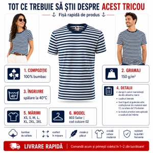 Tricou Unisex Damă și Bărbat Malfini 803 Sailor, Tip Marinăresc cu Dungi Alb–Albastru Marin, 100% Bumbac, 150 g/m², XS–3XL - Img 5
