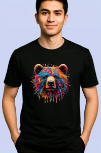Tricou Urs curcubeu realist fundal alb Copii | Dama | Barbat, culoare negru - Img 2