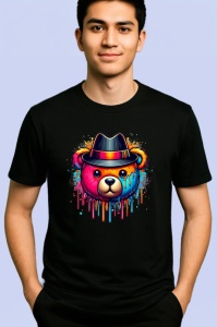 Tricou Urs panda cu palarie fedora si vopsea colorata Copii | Dama | Barbat, culoare negru - Img 2