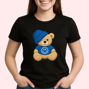 Tricou Ursulet Albastru cu emoji happy Negru, Copii | Dama | Barbat - Img 2