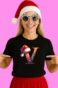 Tricou V Litere Alfabet Craciun Impodobite Cu Decoratiuni, din bumbac 100% Copii | Dama | Barbat