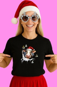 Tricou Vaca Cu Braduti Si Zapada Craciun, din bumbac 100% Copii | Dama | Barbat - Img 3